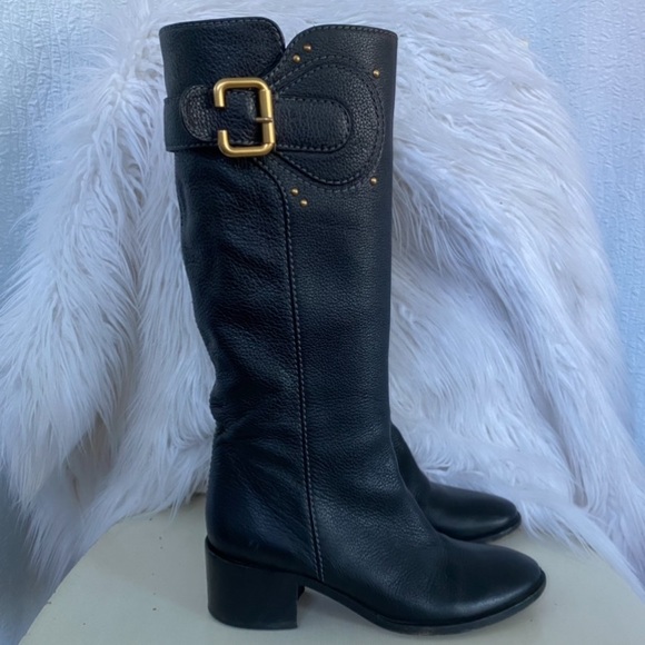 Chloe Vintage Black Tall Knee Boots with Gold  C Buckle. Made in Italy size 8 - Picture 1 of 13